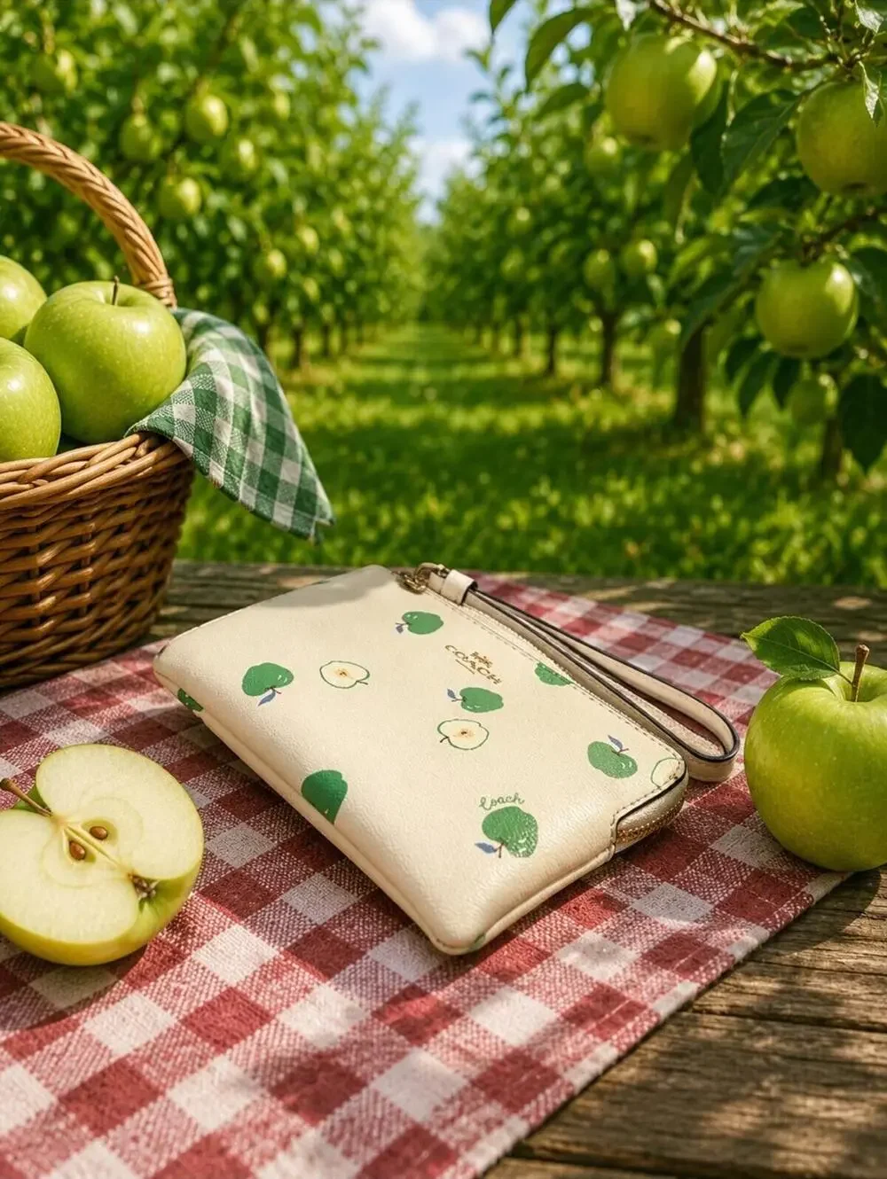 Coach Cream Apple Print Zip Wristlet Wallet